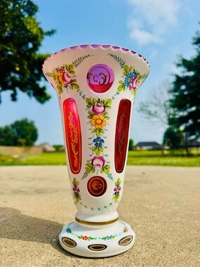 Czech Bohemian Hand Painted Cut to Red Glass White Overlay Vase excellent!